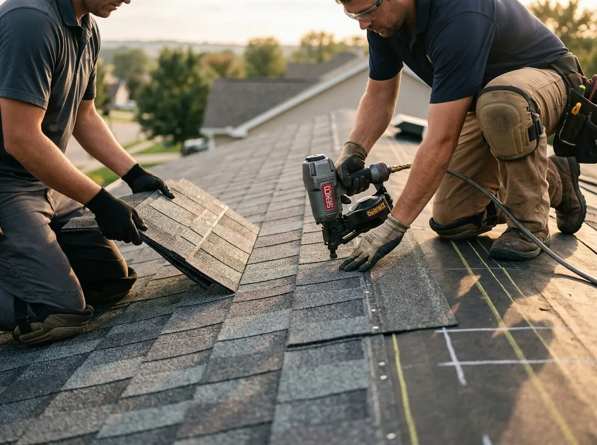 Professional roofer working on a residential roof in Argentine